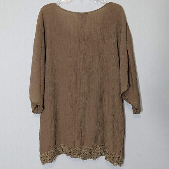 Women's NOTATIONS Tan/Beige Pullover Peasant Tunic Top w Lace; Size M - Picture 2 of 6
